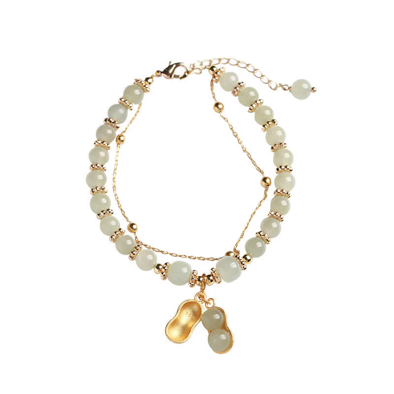 Buddha Stones 925 Sterling Silver Natural Hetian Jade Good Things Happen Peanut Charm Bracelet