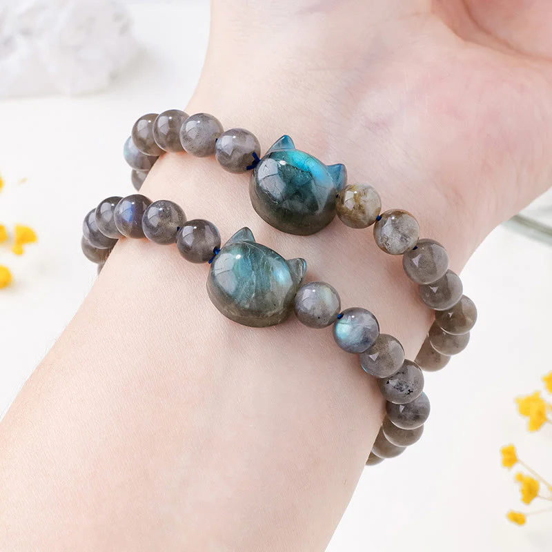 Buddha Stones Natural Labradorite Cute Cat Head Healing Change Bracelet