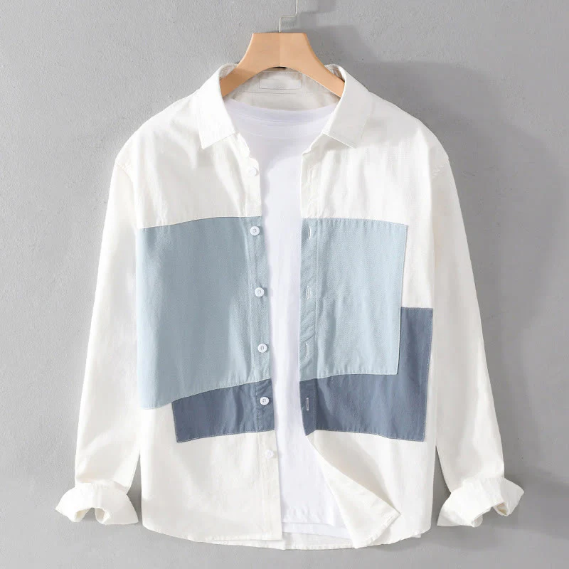 Buddha Stones Spring Stitching Contrast Color Lapel Long Sleeve Button Design Men's Cotton Linen Shirt With Pockets