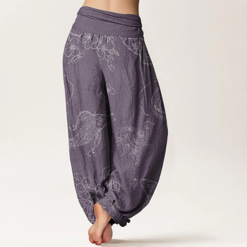 Buddha Stones Pure Cotton Koi Fish Floral Pattern Women's Elastic Waist Harem Pants
