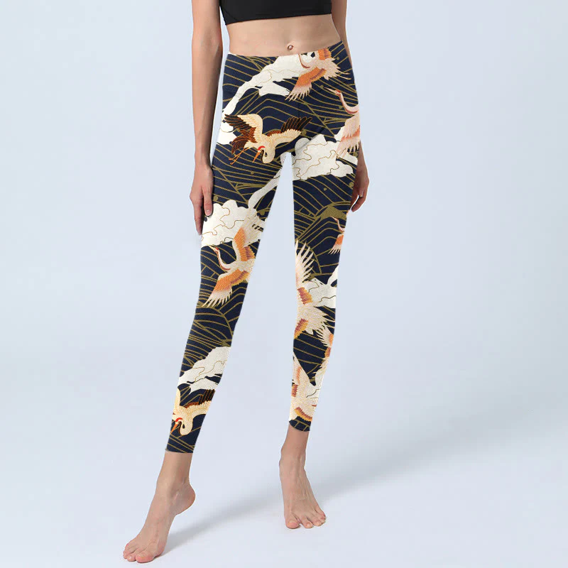 Buddha Stones Red-crowned Cranes Cloud Sea Wave Pattern Print Gym Leggings Women's Yoga Pants