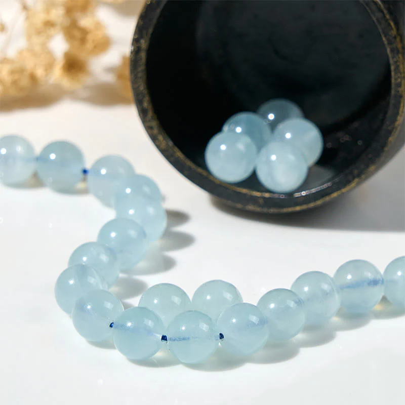 Buddha Stones Natural Aquamarine Lucky Cat Peace Bracelet