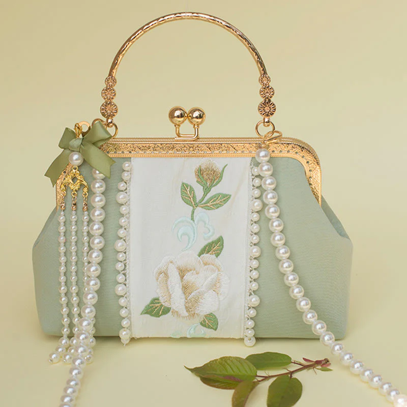 Buddha Stones Double-sided Flowers Embroidery Pearl Pendant Metal Chain Crossbody Bag Handbags