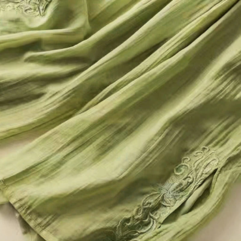 Buddha Stones Retro Casual Embroidery Design Drawstring Cotton Linen Women's Wide Leg Pants With Pockets