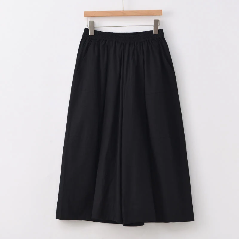 Buddha Stones Casual Plain Cotton High Waist Women's Wide Leg Capri Cropped Pants With Pockets