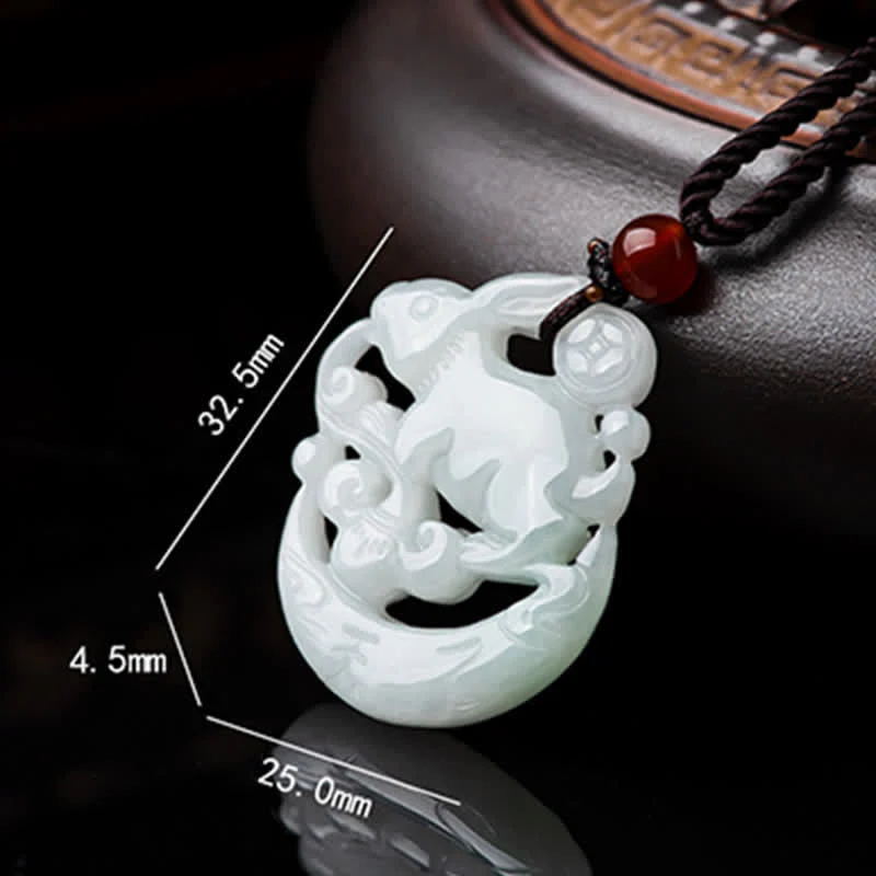 Buddha Stones Year of the Rabbit White Jade Crescent Moon Protection Necklace Pendant