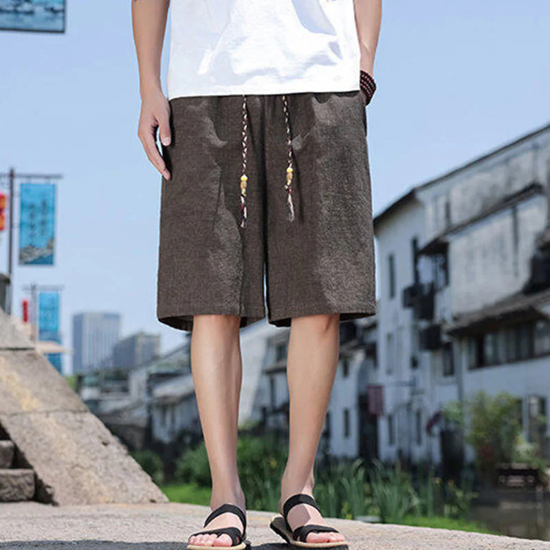 Buddha Stones Weaving Waist Rope Beads Cropped Linen Men's Shorts With Pockets