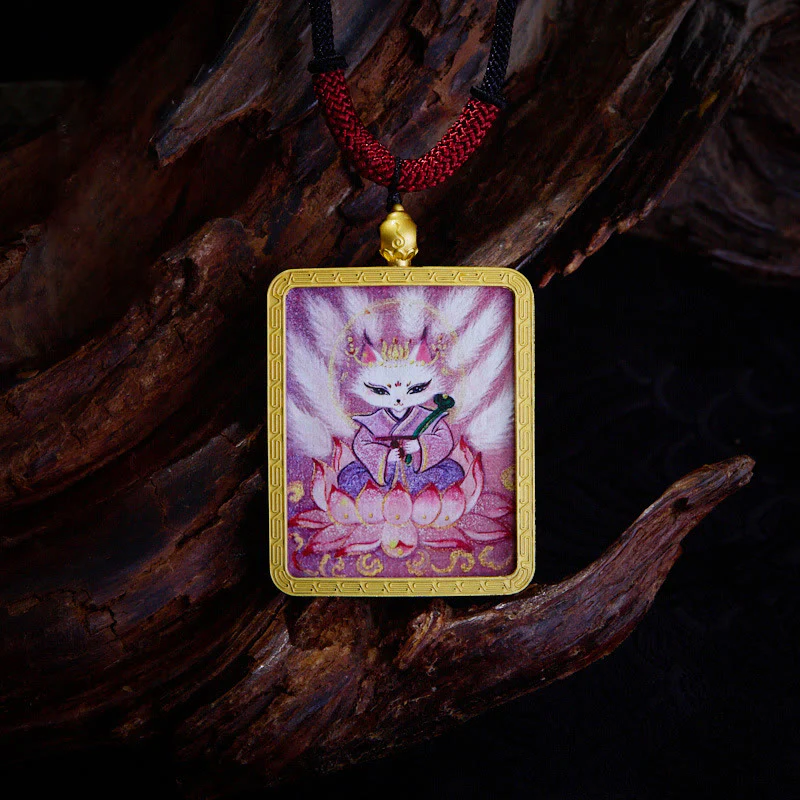 Buddha Stones Tibetan Zakiram Nine Tailed Fox Yellow God of Wealth Painted Thangka Hope Necklace Pendant