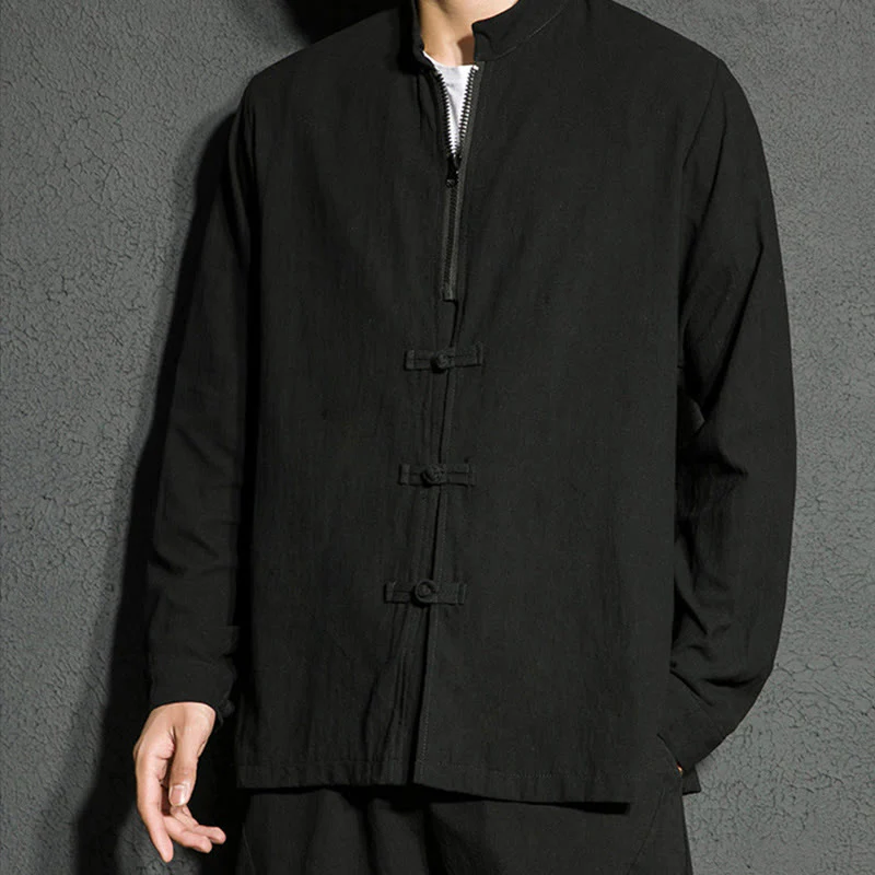 Buddha Stones Plain Zipper Chinese Frog-Button Cotton Long Sleeve Men's Shirt
