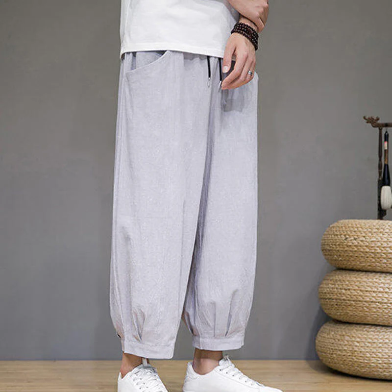 Buddha Stones Casual Plain Men's Cotton 7-8 Length Harem Pants With Pockets