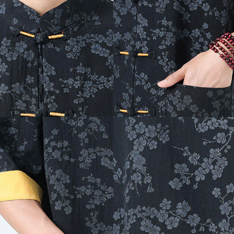 Buddha Stones Retro Printing Flower Pattern Frog-Button Design Stand Collar Men's Half Sleeve Cotton Shirt With Pockets