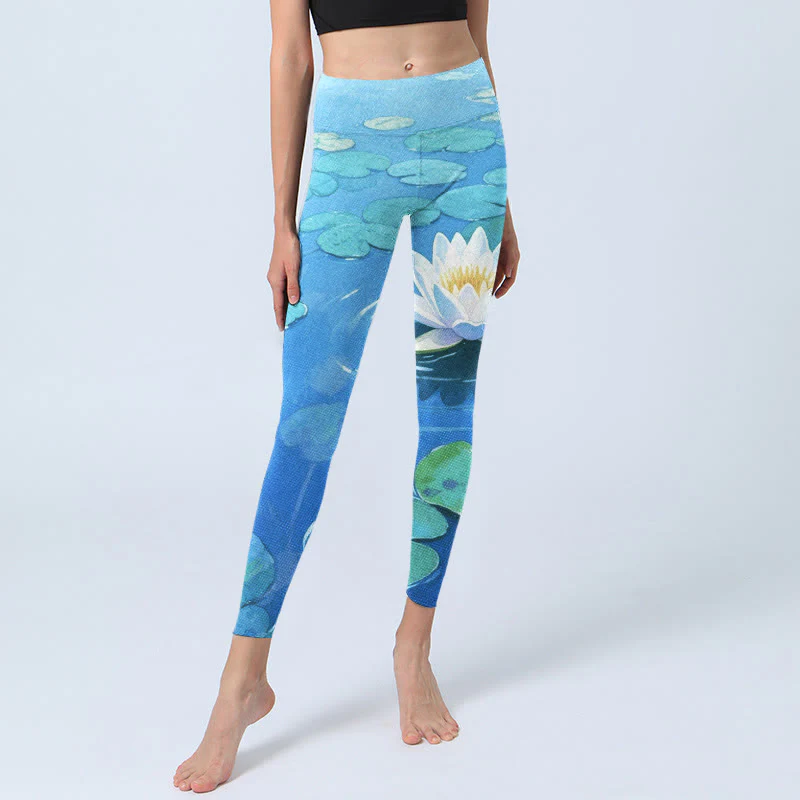 Buddha Stones White Lotus Flower Green Lotus Leaves Pattern Print Gym Leggings Women's Yoga Pants