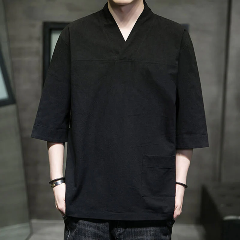 Buddha Stones Summer Casual Simple V-Neck Design Men's Cotton Linen Three Quarter Sleeve T-Shirt With Front Pocket
