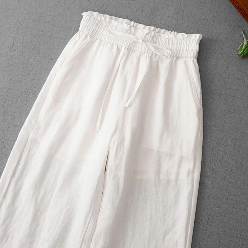 Buddha Stones Casual High Waist Ruffled Drawstring Design Women's Wide Leg Cotton Pants With Pockets