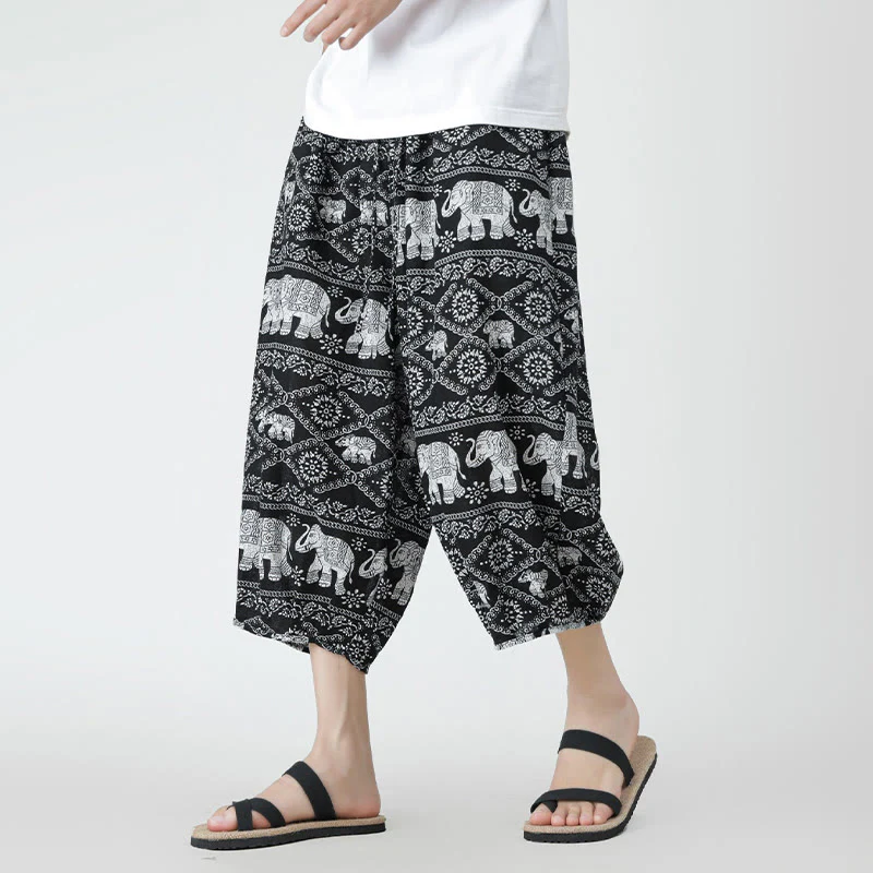 Buddha Stones Summer Square Patchwork Elephant Mandala Geometry Cotton Linen Men's 7-8 Length Pants With Pockets