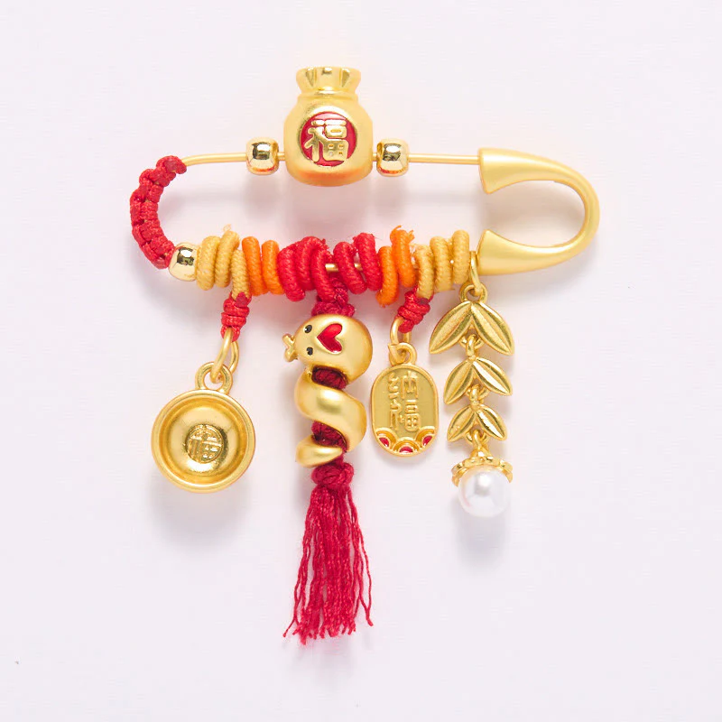 Buddha Stones Copper Year Of The Snake Tassels String Spike Fu Bowl Lucky Fortune Bag Brooch