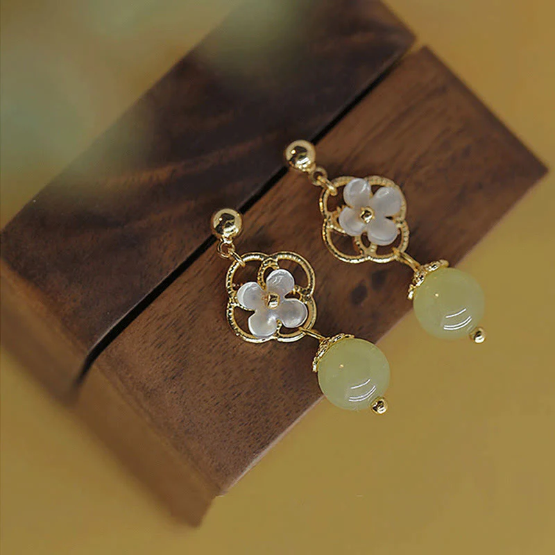 Buddha Stones Tridacna Stone Flower Jade Bead Blessing Drop Earrings