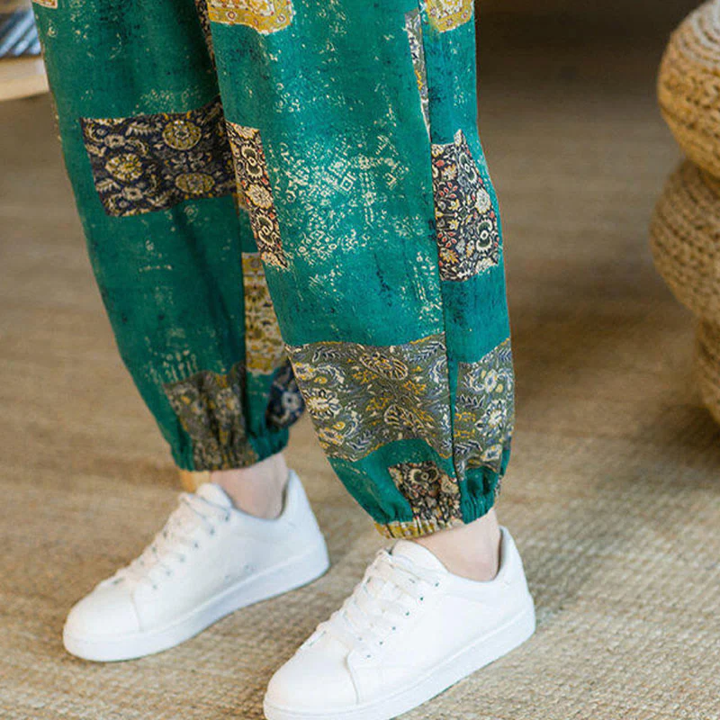 Buddha Stones Summer Square Patchwork Cotton Linen Men's Ankle-Length Harem Pants With Pockets