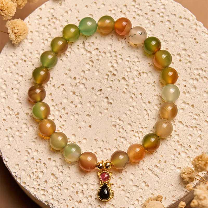 Buddha Stones 925 Sterling Silver Tourmaline Cat Natural Peacock Agate Courage Bracelet