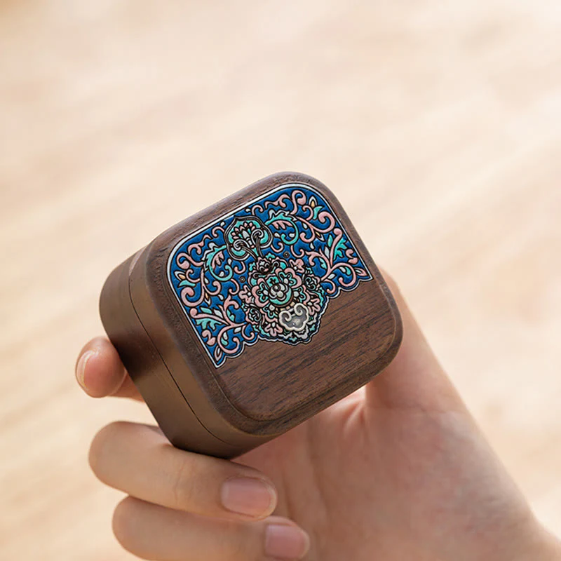 Buddha Stones Retro Handmade Black Walnut Wood Ring Jewelry Storage Box Leaf Wooden Gift Box