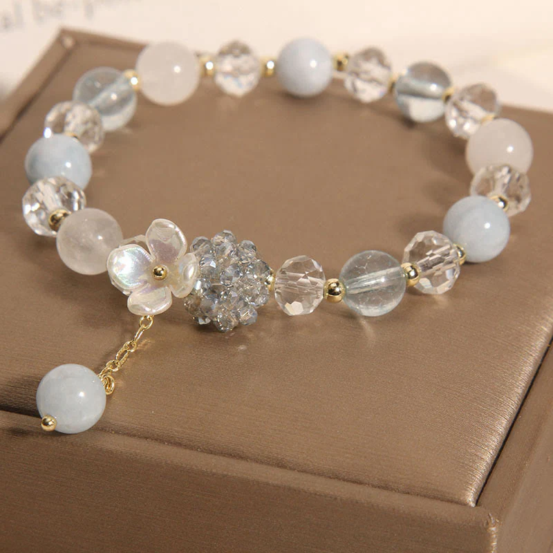 Buddha Stones Aquamarine Yellow Cat's Eye Stone Flower Peace Bracelet