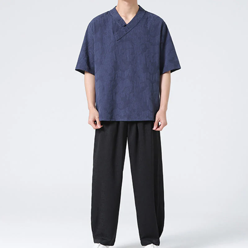 Buddha Stones Ethnic Distressed Jacquard Frog-Button Men's Stand Collar Half Sleeve Cotton Linen Shirt Tai Chi Clothes