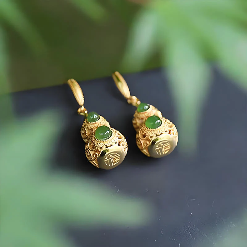 Buddha Stones Copper Hollow Gourd Jade Prosperity Earrings