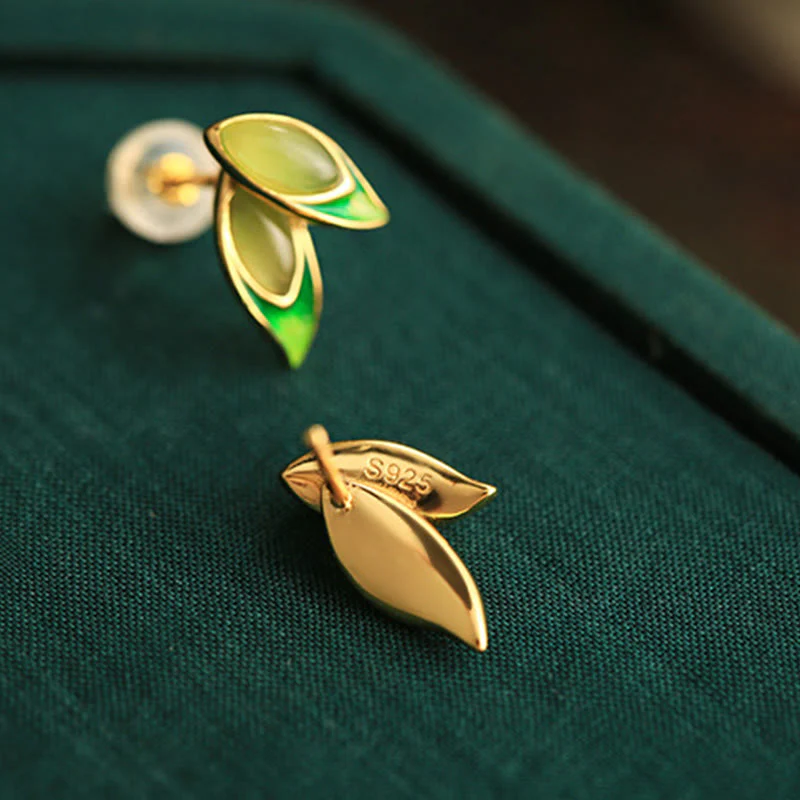 Buddha Stones 925 Sterling Silver Jade Leaf Prosperity Earrings