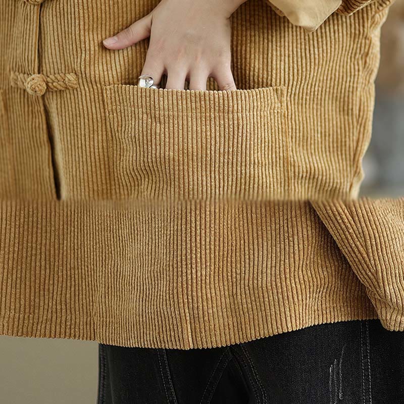 Buddha Stones Frog-button Stand Collar Women's Cotton Linen Corduroy Jacket