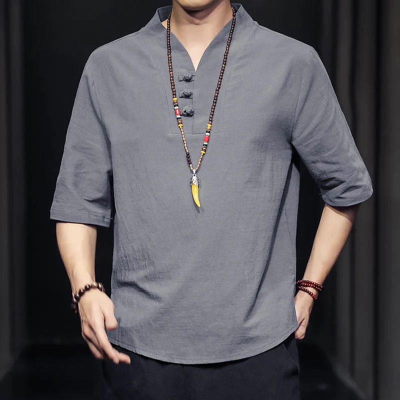 Buddha Stones Casual Summer Half Sleeve Shirt Cotton Linen Men Clothing