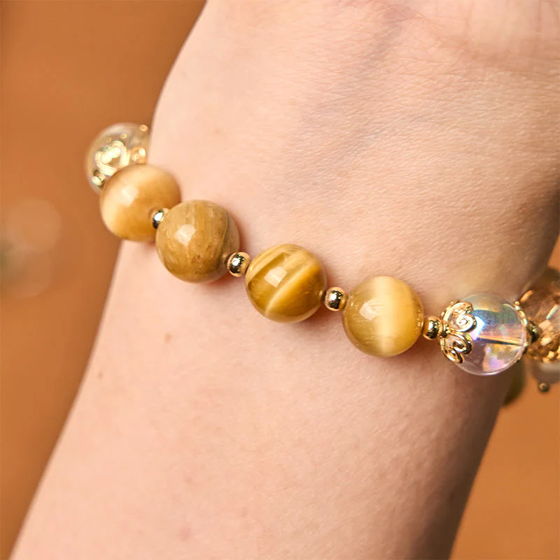 Buddha Stones Natural Tiger Eye Beads Green Leaf Courage Bracelet