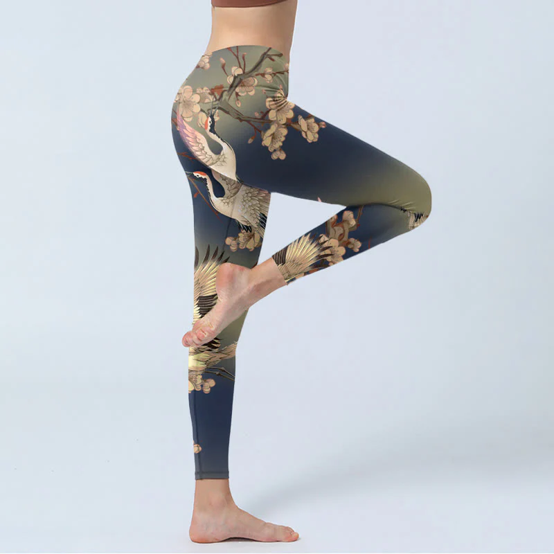 Buddha Stones White Crane White Blossoming Branch Print Gym Leggings Women's Yoga Pants