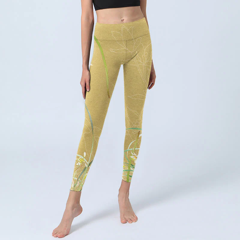 Buddha Stones Yellow Orchid Flowers Weeping Leaves Print Gym Leggings Women's Yoga Pants