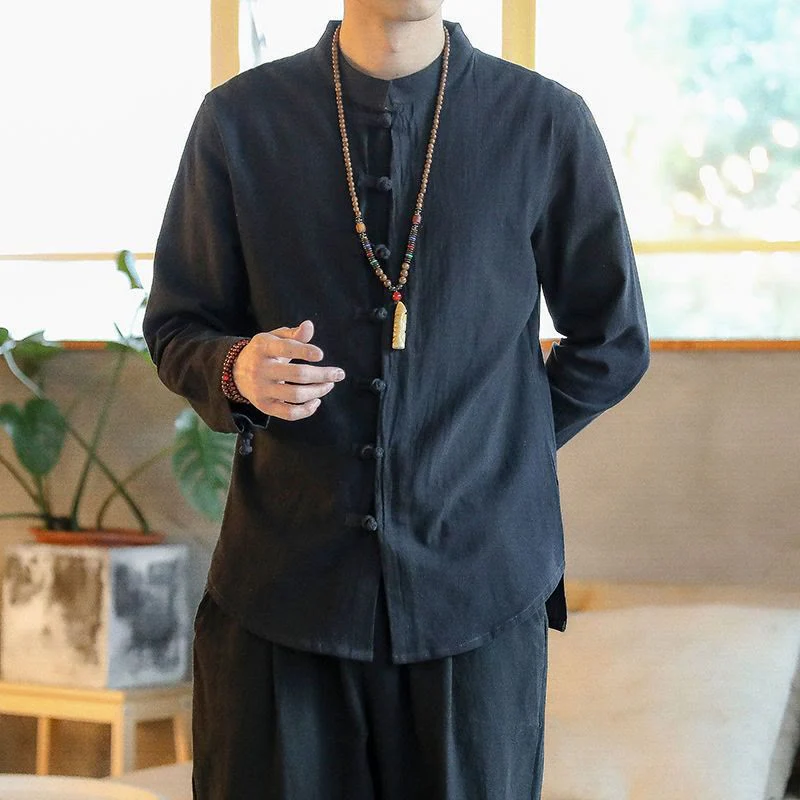 Buddha Stones Casual Stand Collar Frog-Button Long Sleeve Tang Suit Linen Men's Shirt