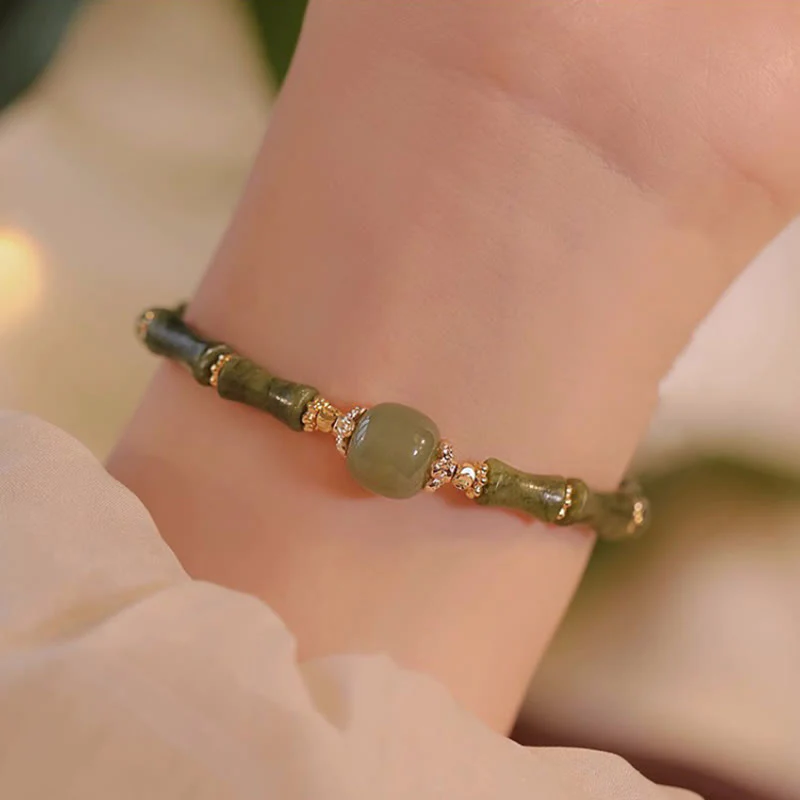 Buddha Stones 14K Copper Plated Peridot Hetian Jade Bamboo Pattern Luck Bracelet