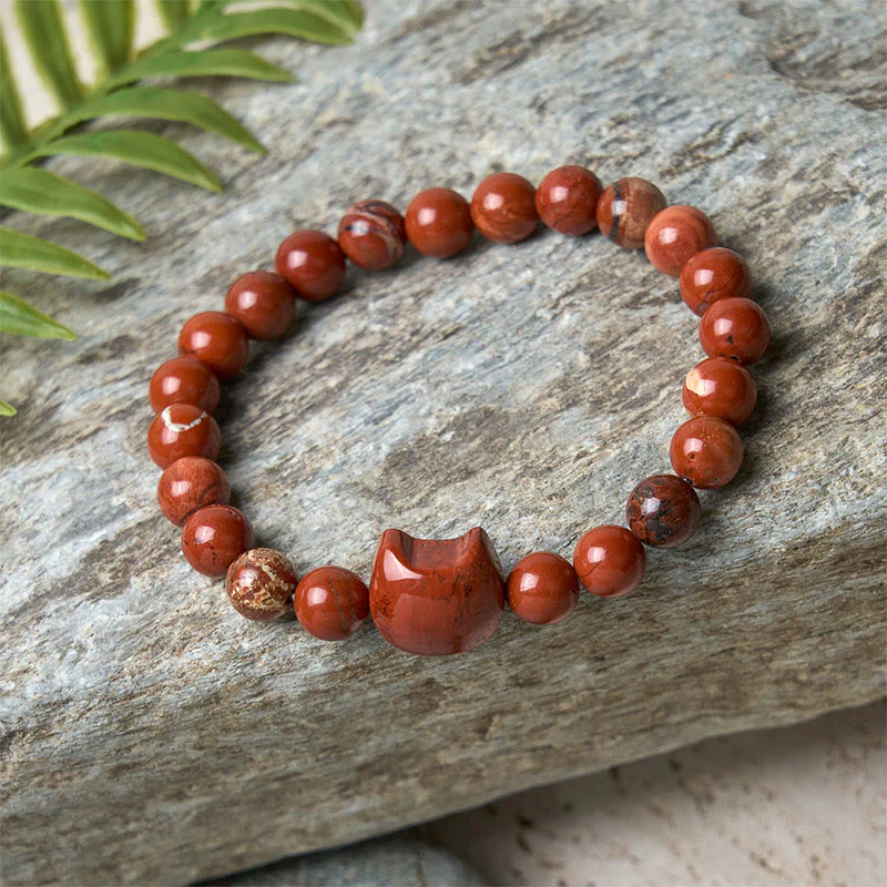 Buddha Stones Faceless Cat Head Design Red Turquoise Luck Bracelet