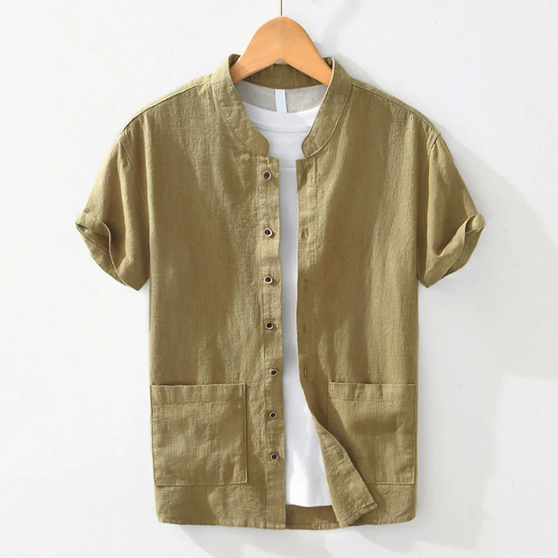 Buddha Stones Casual Buttons Design Stand Collar Men's Short Sleeve Cotton Linen Shirt With Pockets