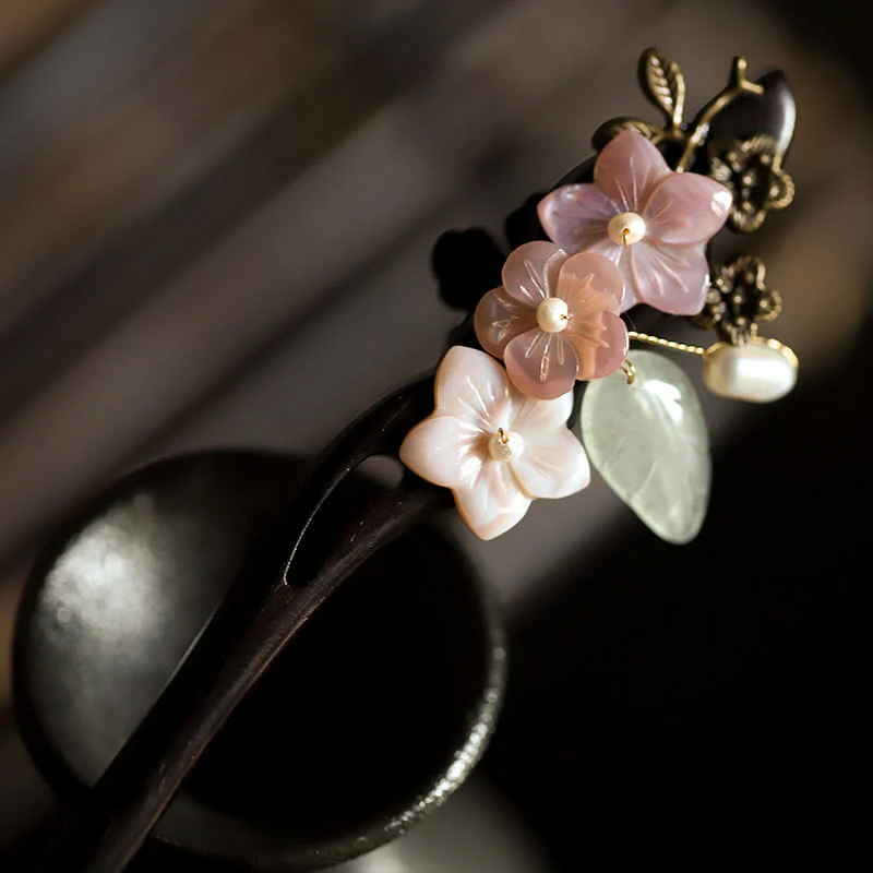 Buddha Stones Ebony Shell Flower Leaves Blessing Hairpin