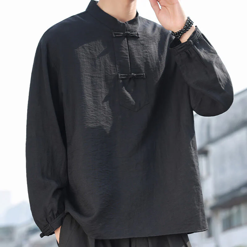 Buddha Stones Two Frog-Button Stand Collar Long Sleeve Men's Cotton Shirt