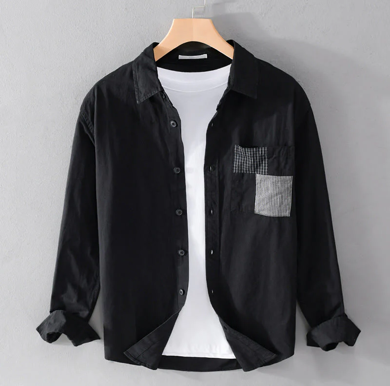 Buddha Stones Spring Daily Line Patchwork Design Lapel Men's Long Sleeve Cotton Linen Shirt With Pockets