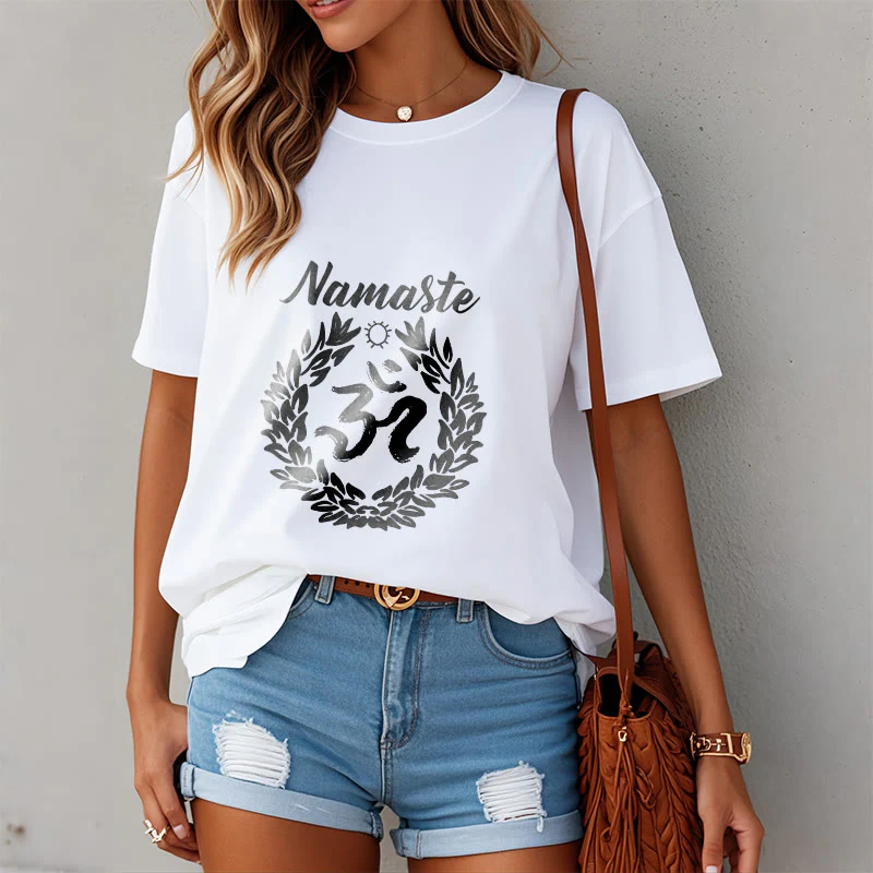 Buddha Stones Om Sanskrit Namaste Leaves Pattern Meditation Cotton Tee T-shirt