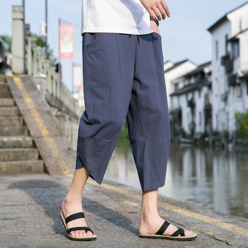 Buddha Stones Summer Casual Simple Plain Tapered Design Drawstring Men's  7-8 Length Cotton Linen Pants With Pockets