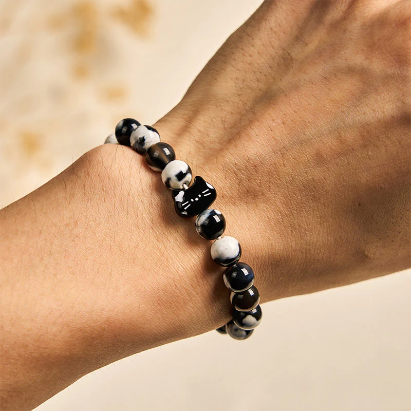 Buddha Stones Black and White Cat Fire Agate Confidence Bracelet