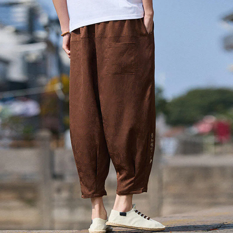 Buddha Stones Summer Character Embroidery Design Drawstring Men's 7-8 Length Pants With Pockets