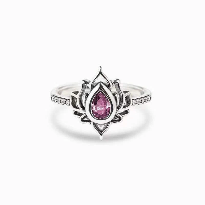 Buddha Stones Sterling Silver Lotus Zircon Blessing Protection Ring