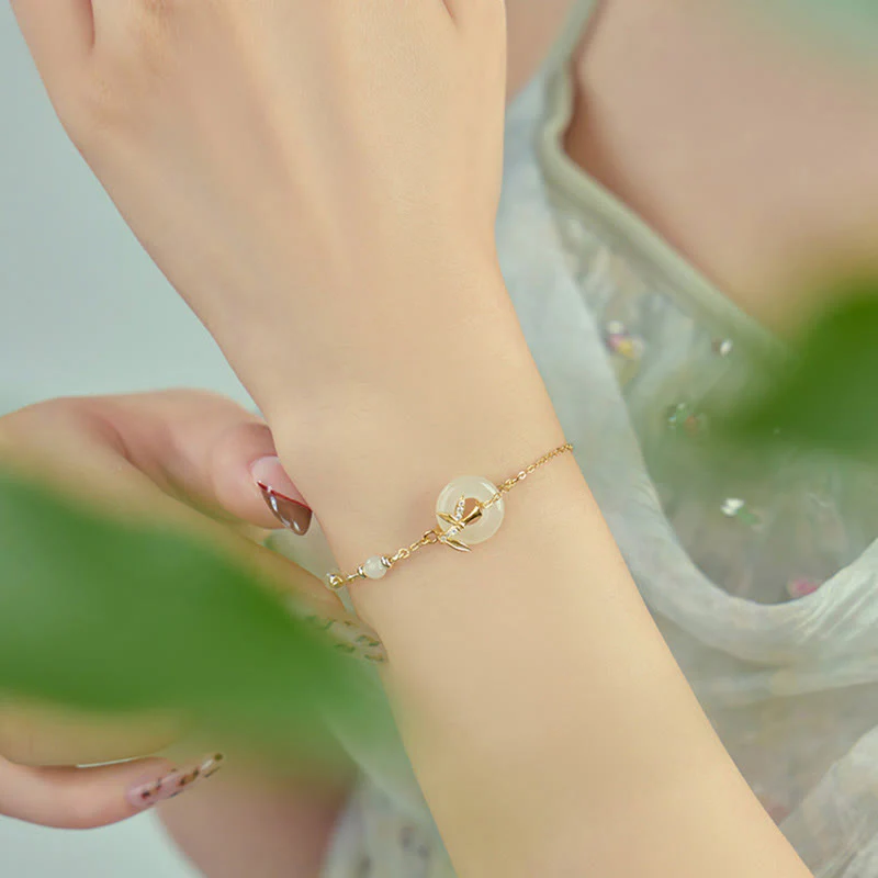 Buddha Stones Hetian Jade 925 Sterling Silver Cubic Zirconia Peace Buckle Luck Bracelet