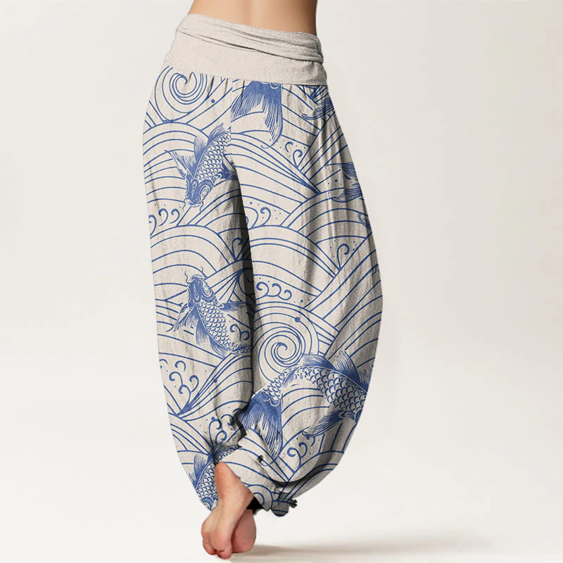Buddha Stones Koi Fish Wave Pattern Women's Elastic Waist Harem Pants