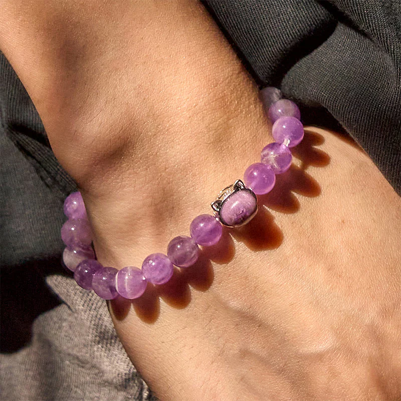 Buddha Stones Cute Cat Face Amethyst Relieves Stress Bracelet