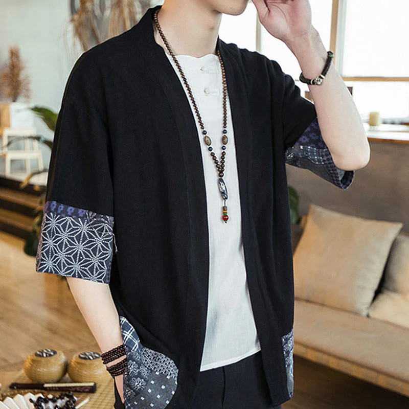 Buddha Stones Ethnic Printing Patchwork Design Open Front Jacket Cotton Linen Men's Kimono
