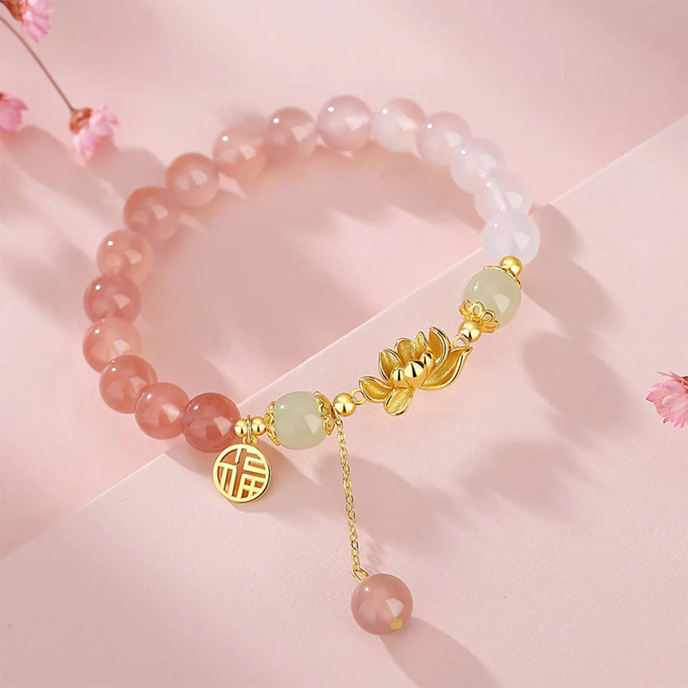 Buddha Stones 925 Sterling Silver Natural Gradient Agate Hetian Jade Lotus Fu Character Enlightenment Bracelet